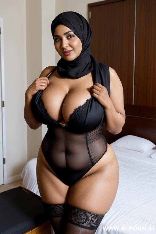 curvy arabic busty wearing hijab and colored bikini hugged from black grandpa in bedroom - #main