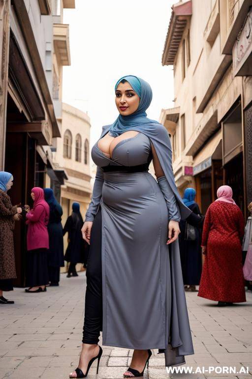 curvy arabic busty wearing hijab standing naked in crowded street - #main