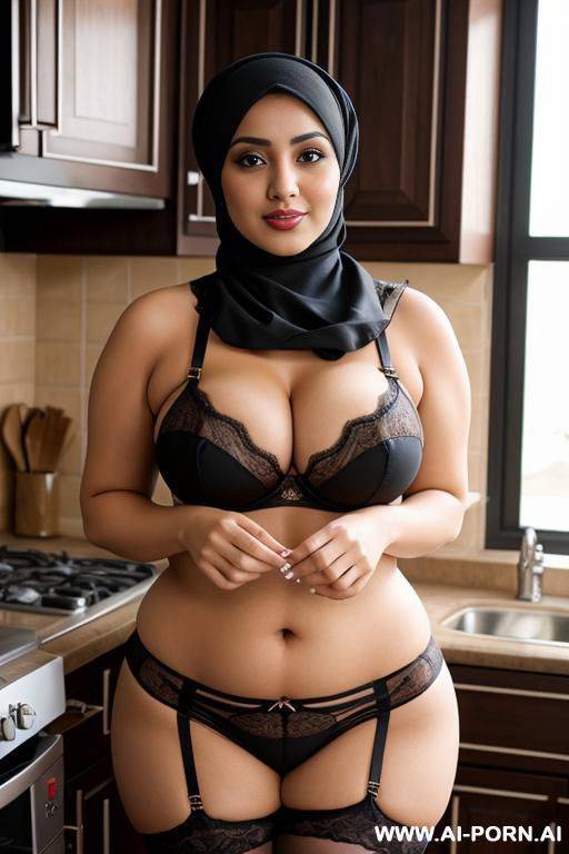 curvy arabic busty wearing hijab and lingerie in kitchen - #main