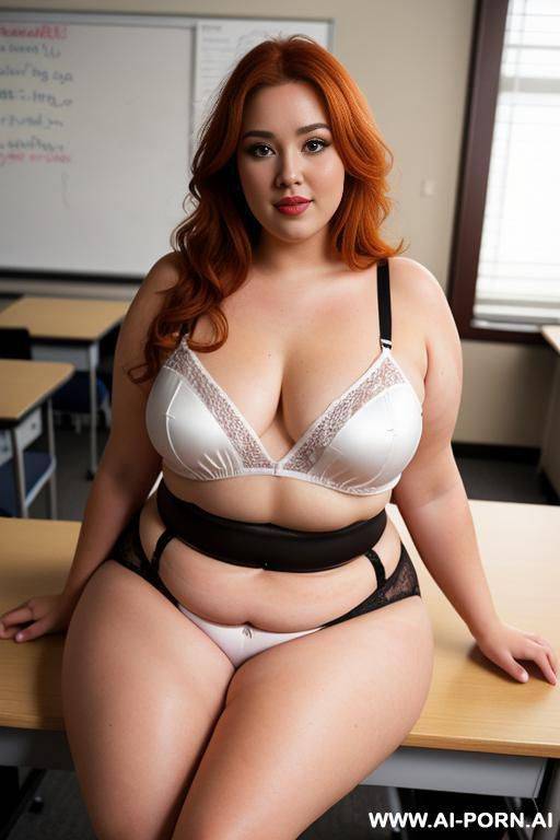 full body photo shot, about at classroom, chubby fat bbw curvy teacher, wearing a sexy and hot silk ruffle micro panties, and a micro garter belt lingeries top, rest on the desk, she is a smart teacher - #main