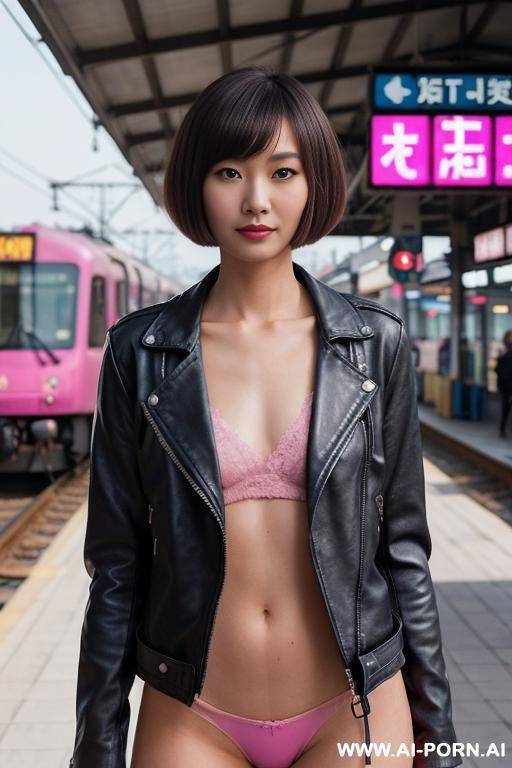 eye contact topless leather jacket pink lace panties railway station platform - #main