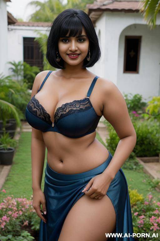 indian woman, 20 years, short straight hair, black hair, bangs, voluptuous, natural boobs, naval piercing, blue bra, blue skirt, standing, hands up, garden, seductive smile, looking at camera, side view - #main