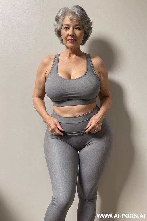 0 year old grandmother, full body, standing, short gray hair, very visible age marks, large natural breasts, triangle hips, thick thighs, wearing gray leggings and a short tank top, hands on her waist - #main