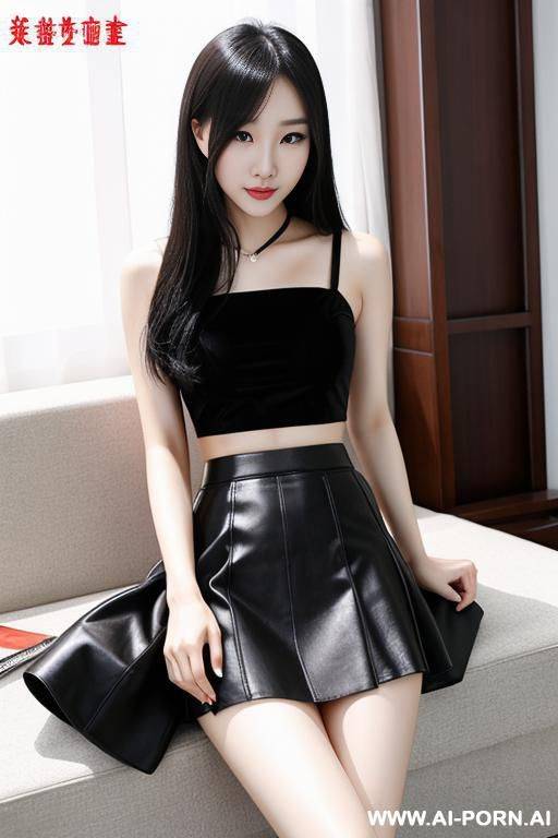 sexy chinese woman, black hair, short skirt, crop top, spreading legs. - #main