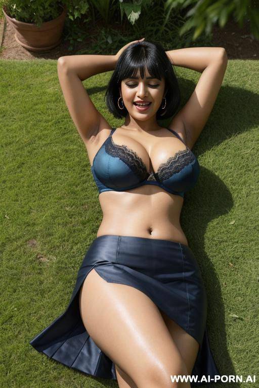 indian woman, 20 years, short straight hair, black hair, bangs, voluptuous, natural boobs, naval piercing, blue bra, blue skirt, lying on grass, hands up, garden, seductive smile, open mouth, orgasm, closed eyes, view from top - #main