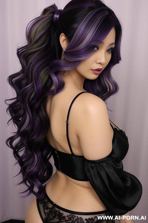 semi-realistic, elaborate flowing hairdo, purple hair with black highlights, milf escort, - #main