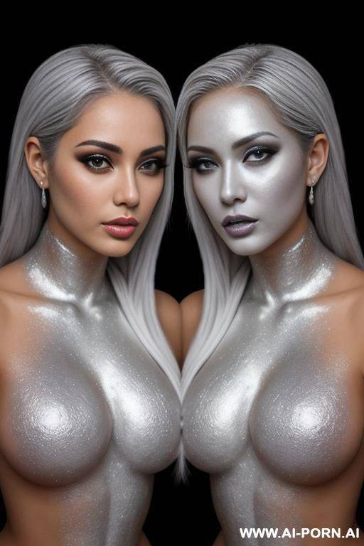 photo of multiple gorgeous brazilian bimbos completely covered in silver bodypaint - #main