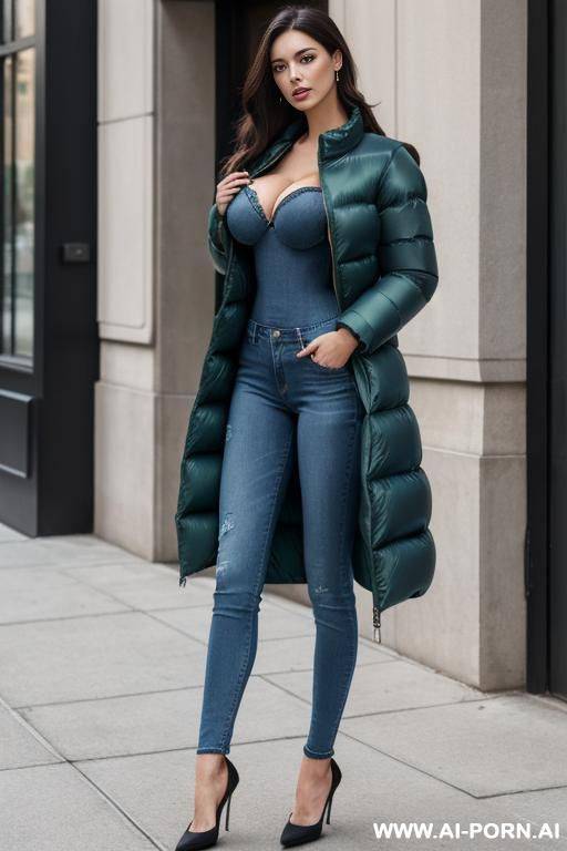 brunette dark green t-shirt and jeans wearing huge blue puffer jacket - #main