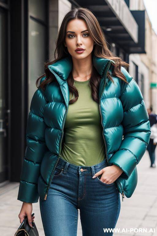 brunette green t-shirt and jeans wearing huge blue puffer jacket - #main