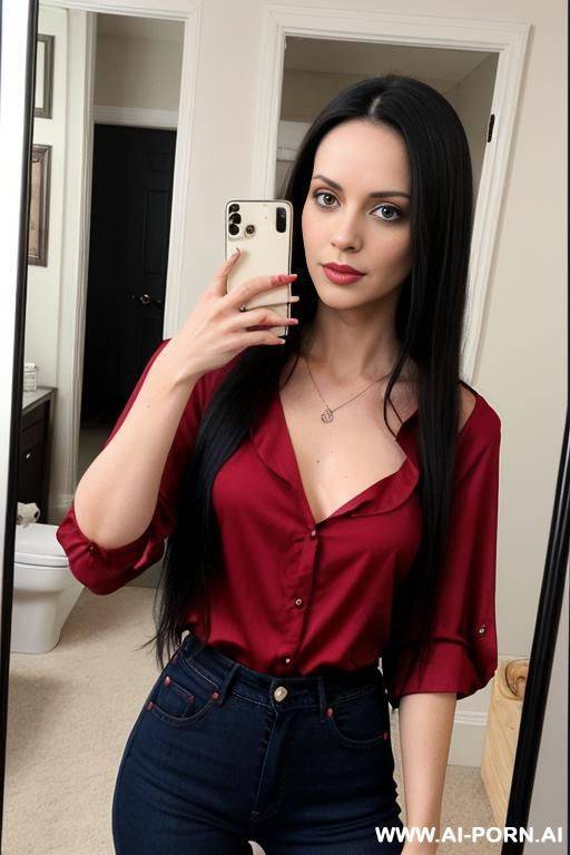 woman long dark hair red blouse jeans selfie photo in the mirror - #main