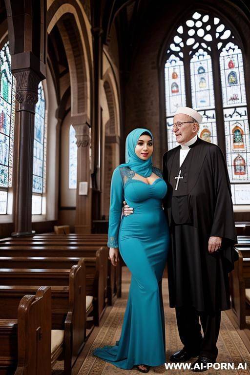 curvy arabic busty wearing hijab and colored lingerie standing beside old priest in church - #main