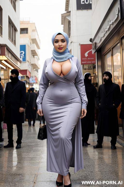 curvy arabic busty wearing hijab standing naked in crowded street - #main