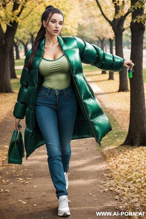 brunette in park, wearing gigantic oversized shiny green puffer coat, green t-shirt under jacket, blue jeans, - #main