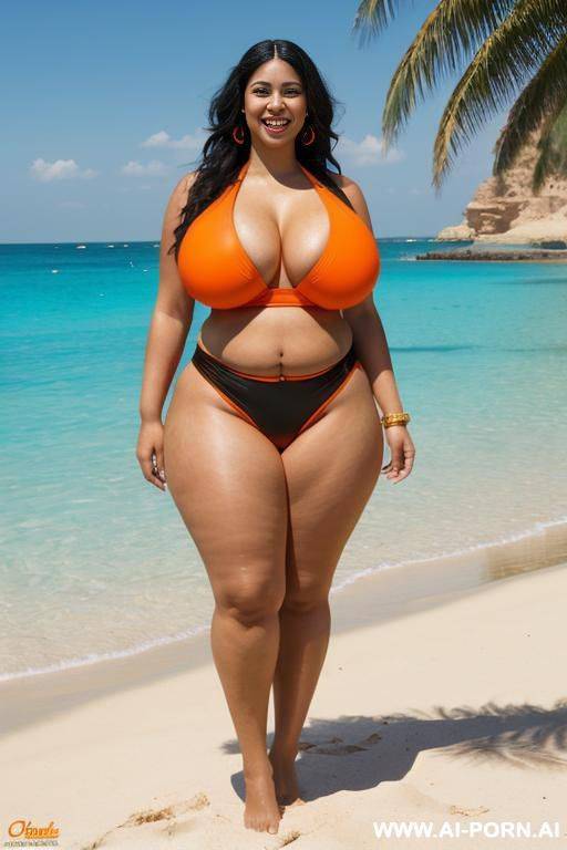 egyptian queen wearing orange and black colored swimsuit, (long hair), (((massive huge breasts))), full body view, photorealistic, ((chubby woman)), ((wide hips)), ((huge butt)), beach, smiling - #main