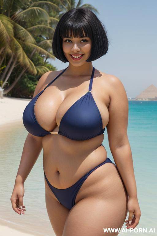 egyptian queen wearing darkblue swimsuit, (bobcut hairstyle), (((massive huge breasts))), full body view, photorealistic, ((chubby woman)), ((wide hips)), beach, smiling, (showing armpit) - #main