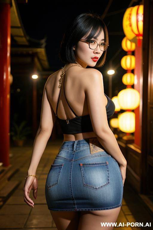 thailand, night, chinese woman ((g-cup)) short bob, glasses, necklace, walking, outdoor, flash ass, jeans skirt ((flash ass)) thai temple fair - #main