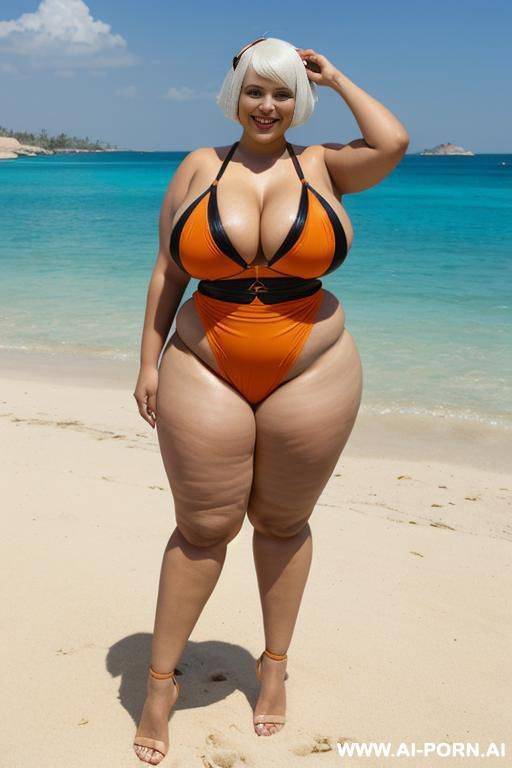 egyptian queen wearing orange and black colored swimsuit, (white hair), (bobcut hairstyle), (((massive huge breasts))), full body view, photorealistic, ((chubby woman)), ((wide hips)), ((huge butt)), beach, smiling, (showing armpit) - #main