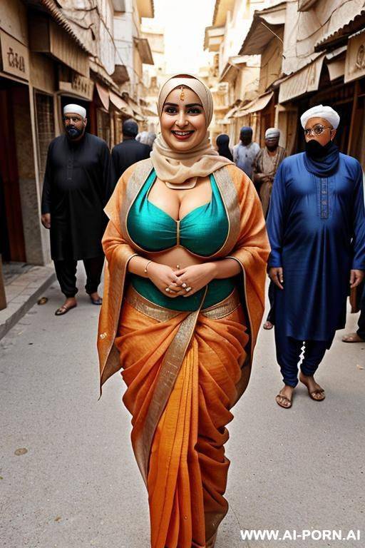 curvy arabic busty wearing hijab and bikini hugged from black grandpa in crowded street - #main