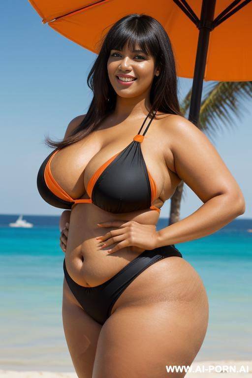 egyptian queen wearing orange and black colored swimsuit, (long hair with bangs), (((massive huge breasts))), full body view, photorealistic, ((chubby woman)), ((wide hips)), ((huge butt)), beach, smiling, (showing armpit) - #main