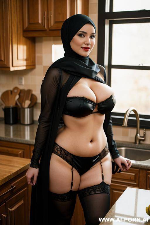 curvy russian busty wearing hijab and cowwoman costume in kitchen - #main