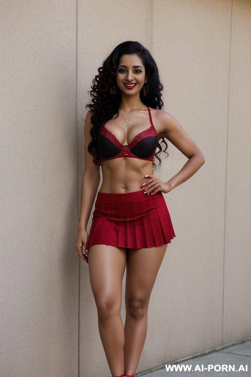 indian, long curly hair, fit, abs, muscle, navel piercing, red bra, red pleat skirt, looking at camera, tall, stiletto, full body, dance - #main