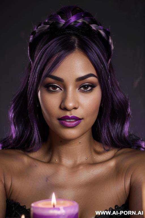 elaborate flowing hairdo, purple hair with black highlights, glamor, bow down, - #main