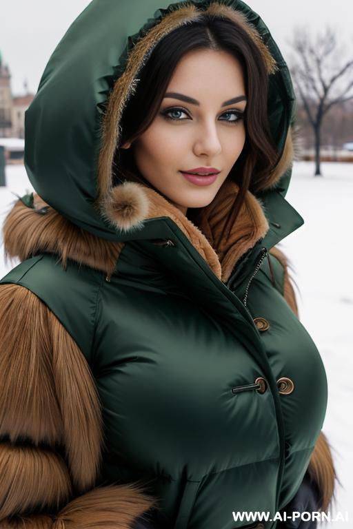 a pretty hungarian woman 20 years old, big breasts, rounded, gigantic green puffer coat with brown fur hood - #main