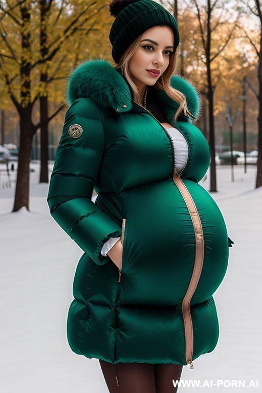 a pretty pregnant hungarian woman 20 years old, big breasts, rounded, gigantic green puffer coat - #main