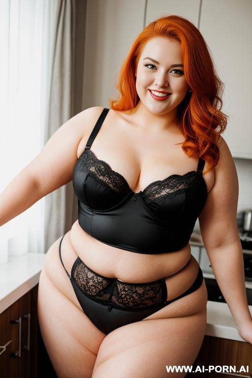 full body photo shot, about at elegant kitchen, fat bbw curvy with love handless and tummy, she is 30 years old, wearing a sexy and hot orange gartert belt lingeries, she is eating someg. - #main