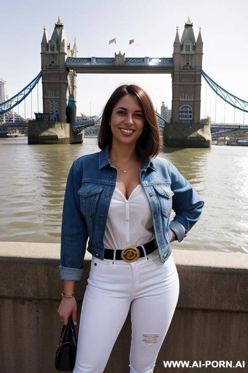 denim jacket, white blouse, belt, denim jean, high heels, posing in front of tower bridge, chubb, hands in pockets - #main