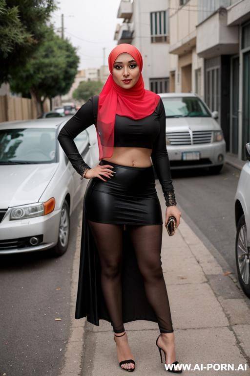 a thick hijab wearing arabic woman in her late 20s wearing a micro skirt ,see through crop top and high heels bending over on a street and spreading her ass - #main