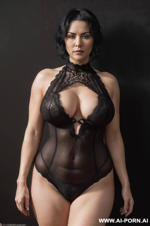 ((sexy, hot, attractive milf, ukrainian)) ((realistic milf, mature woman)) ((((black hair, ultra short pixie)))) ((sexy standing position, direct eye contact, indifferent look,)) (wide hips, massive - #main