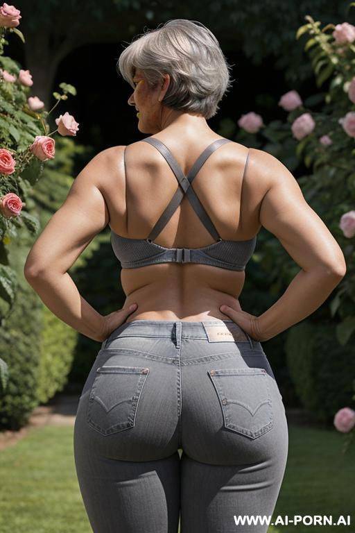 back view, 0-year-old grandmother, short gray hair, visible age marks, triangle hips, thick thighs, wearing jeans and bra, hands on hips, rose garden - #main