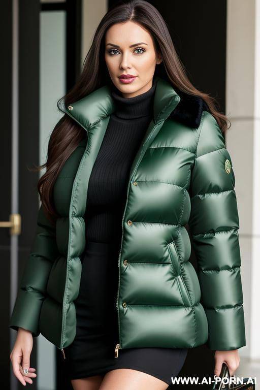 brunette secretary wearing gigantic green puffer coat - #main