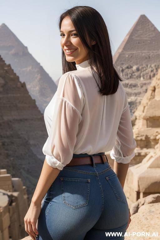 white blouse, belt, denim jean, high heels, posing in front of a mew, mountains, from behind, looking at viewer - #main