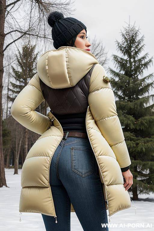 suburb mom with gigantic ass wearing gigantic puffer coat, viewed from the back, looking back into camera, (((cum on puffer coat))) - #main