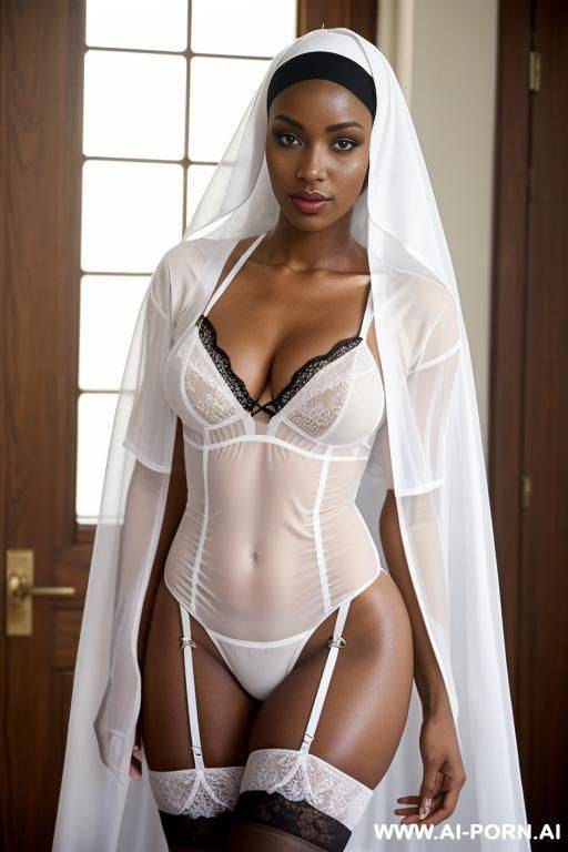 young, african american nun, sheer white lingerie - #main