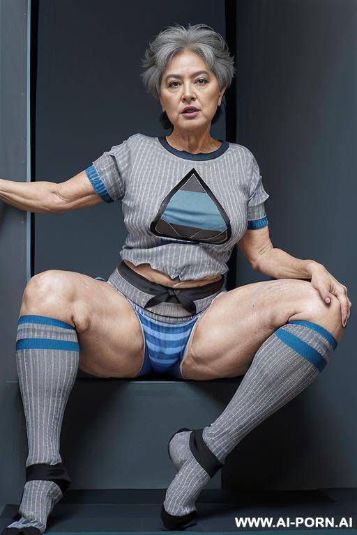 (((0 year old grandmother))), (((short gray hair))), (((very visible age marks))), (((large, expressive eyes))), (((triangular hips) )), (((thick thighs))) , (((blue t-shirt with black vertical stripes))), - #main