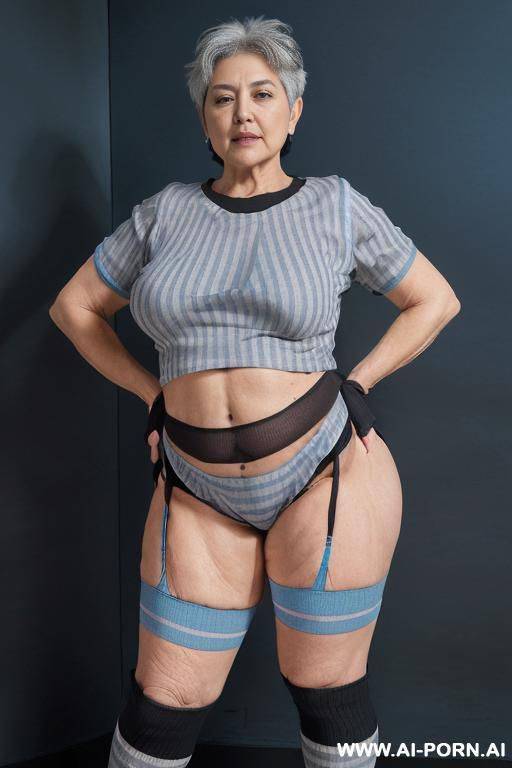 (((0 year old grandmother))), (((short gray hair))), (((very visible age marks))), (((triangle hips))), (((thick thighs))), (((blue t-shirt with black vertical stripes))), (((blue panties))), (((long blue - #main