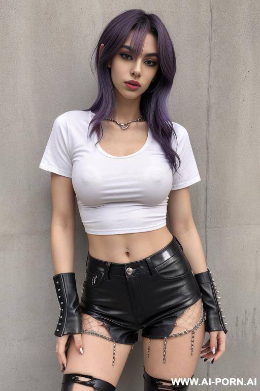 19 years old, purple hair, short and messy. cute face, inse dark brown eyes, defined eyebrows, nose and lips. pale, light skin with s. slim and toned build, 1.68 tall, arms and strong legs - #main