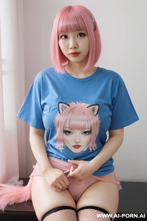 young pink hair breasts cat-like hears and tail wearing tshirt only - #main