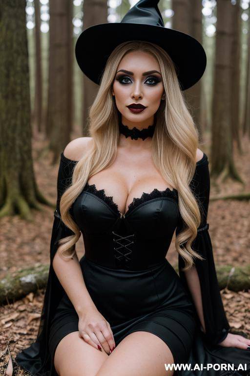 blonde witch, (30 years old), (location: forest), (black dress), (makeup: black eyeliners, black eyeshws), (breast size d) - #main