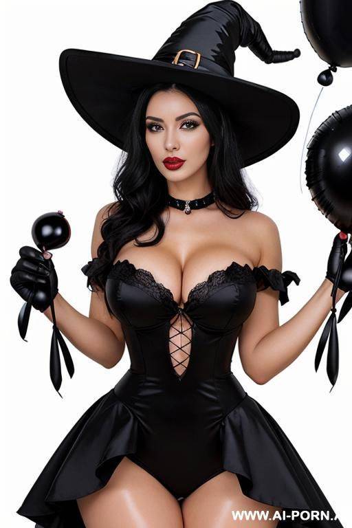 sexy woman, black hair, beautiful face, huge chest, wide hips, hourglass figure, no body fat, witch dress, witch hat, (black balloons) - #main