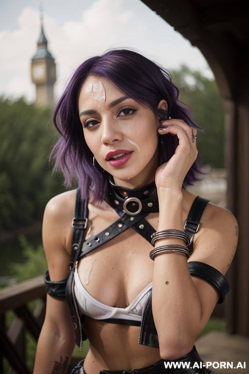 short, messy purple hair. angular face with high cheekbones, deep dark brown eyes, defined eyebrows, nose and lips. white skin with s. and toned build, 1.m, strong arms and legs. she is - #main