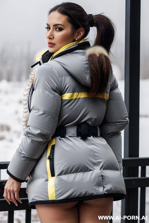 suburb mom with gigantic ass wearing gigantic puffer coat, viewed from the back, looking back into camera, (((cumshot on puffer coat))) - #main