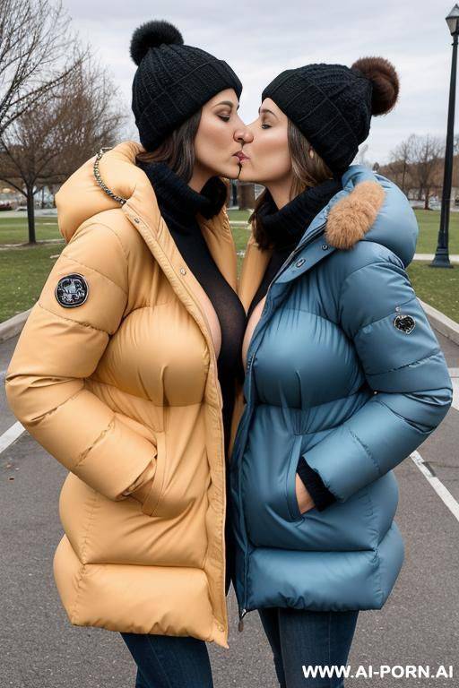 two suburb moms wearing gigantic puffer jackets, masturbating, kissing - #main