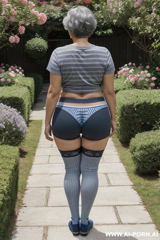 back view, 0-year-old grandmother, short gray hair, very visible age marks, big tits, triangle hips, thick thighs, full body, standing, wearing a blue football t-shirt with 3 black stripes, wearing - #main