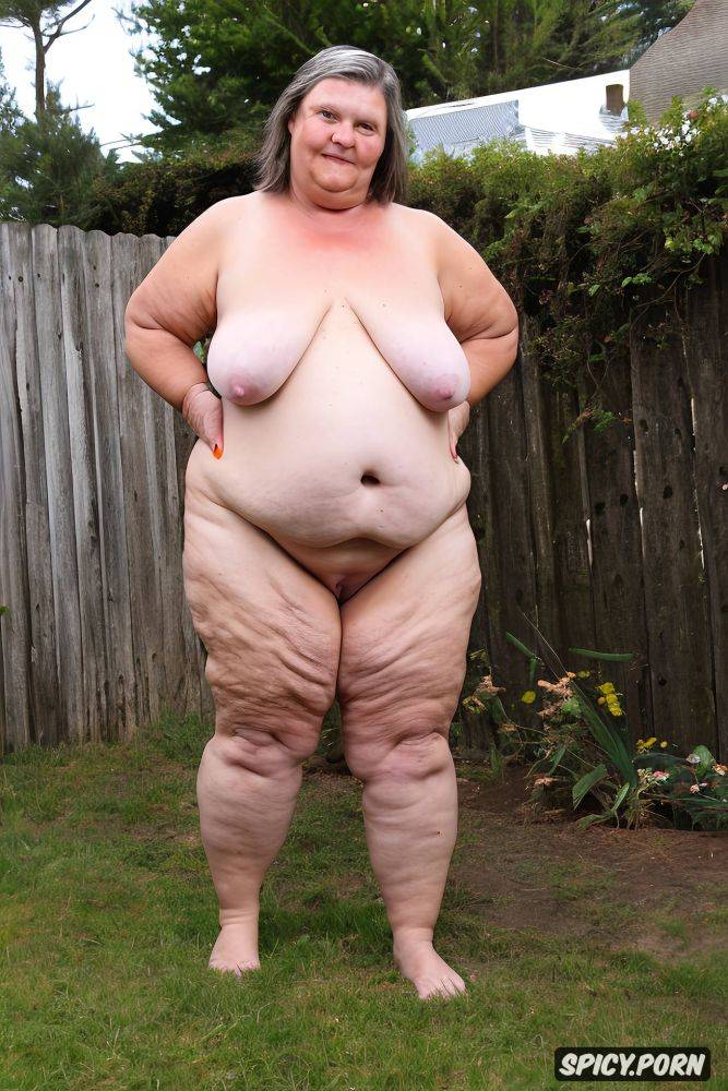 front view, an old fat woman naked with obese ssbbw belly, small shrink boobs - #main