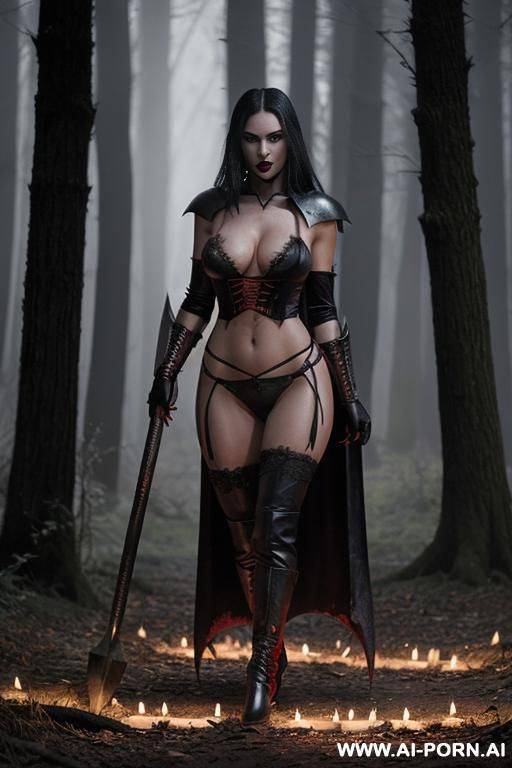 vampire look. bright red eyes. bare foot. wearing black bra and panties. wearing barbarian armor. carrying a battleaxe. - #main