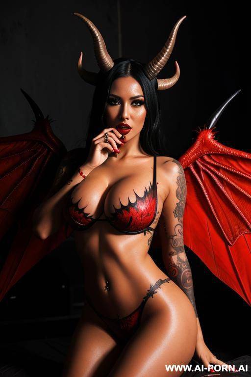 1 woman, demon woman, red skin, tattoos, wings, tail, horns, busty, horny, sexy, steamy, blow job - #main